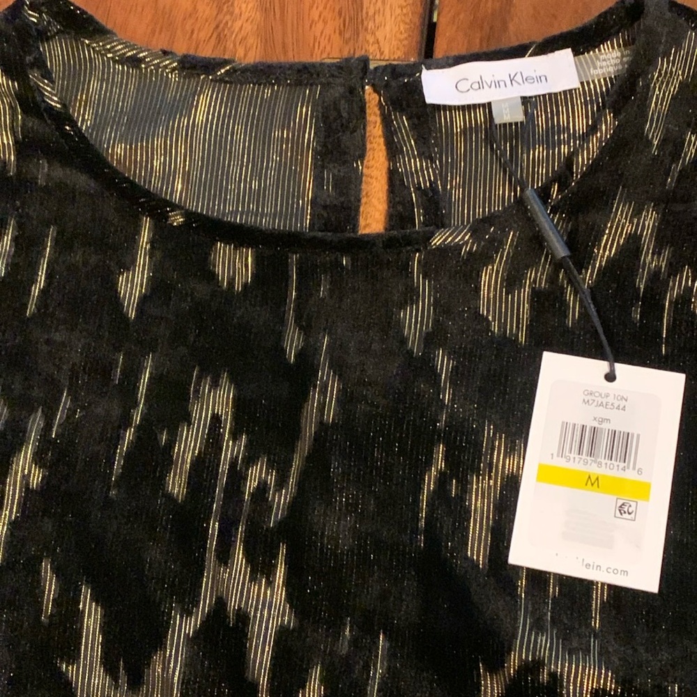 NWT Calvin Klein black velvet with gold burnout thread size medium blouse.